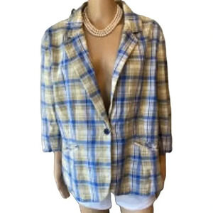 Chadwick’s Cotton Yellow Blue Plaid 1Button suit Blazer Women Plus 16W Pocket